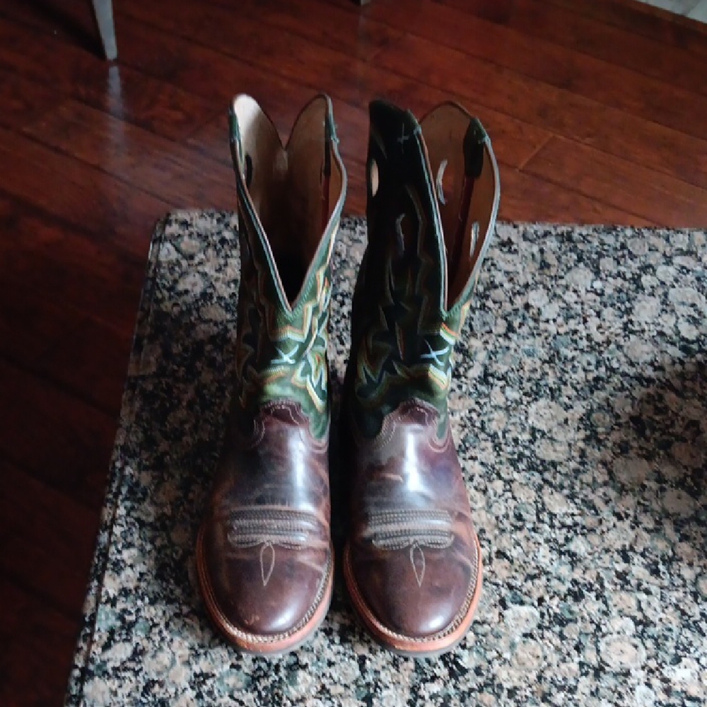 Twisted X Brown and Green Cowboy Boots with Distressed Leather
